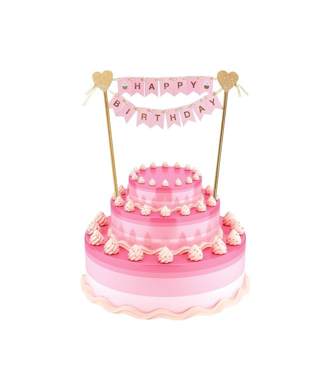 GoDan Taarttopper Happy Birthday vlaggenlijn | Roze & goud | 25cm