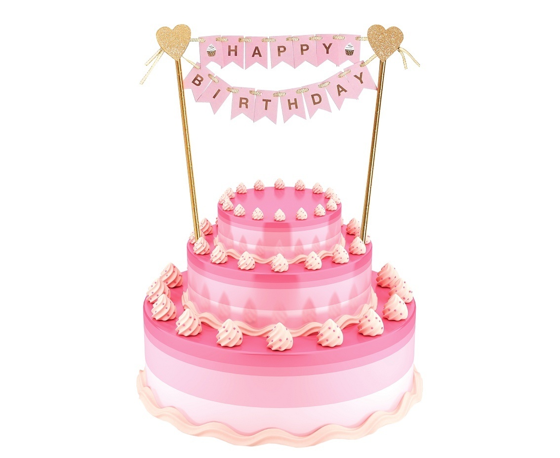 Taarttopper - Happy Birthday - Vlaggetjes - Roze