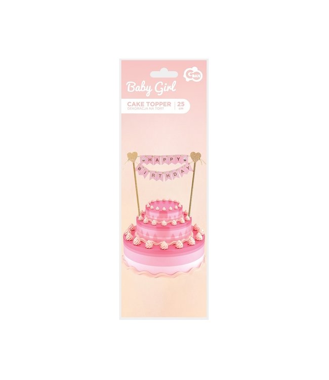 Taarttopper Happy Birthday vlaggenlijn | Roze & goud | 25cm