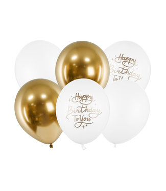Strong Balloons Ballonnenmix Happy birthday to you | Chrome goud/Wit | 6 stuks