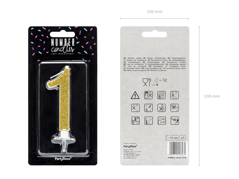 Verjaardagskaars cijfer 1 | Gouden glitters - 10cm