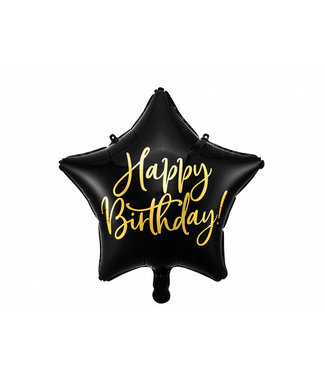 PartyDeco Folieballon Happy Birthday zwart/goud ster | 40cm