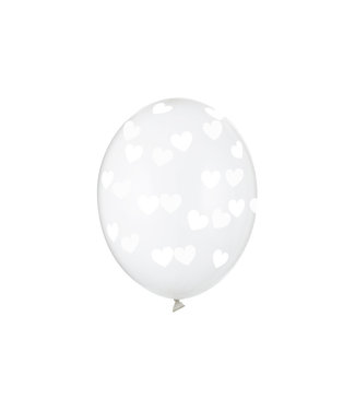 PartyDeco Ballonnen transparant & witte hartjes | 6 stuks