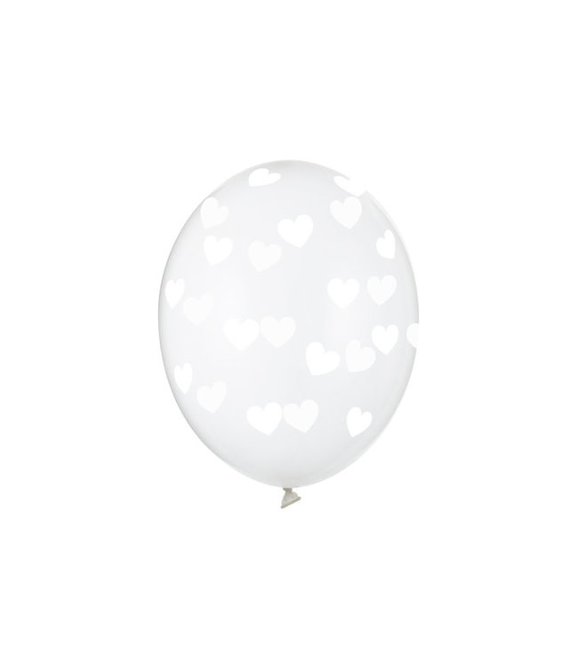 PartyDeco Ballonnen transparant & witte hartjes | 6 stuks