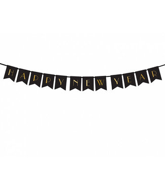 PartyDeco Happy new year - vlaggenlijn - zwart - 15x170cm