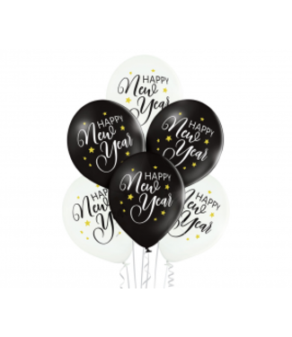 OUTLET Ballonnen Happy New Year - zwart/wit - 6 stuks