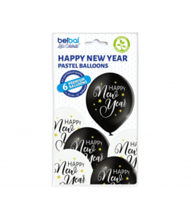 Ballonnen Happy New Year - zwart/wit - 6 stuks