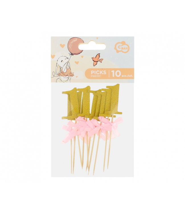 Prikkers 1 goud met roze strikje - 10 stuks