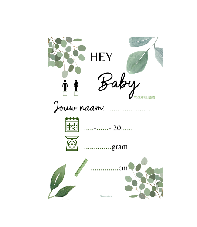 Feestdeco Voorspelkaarten Babyshower - Hey Baby Botancial - 10 stuks