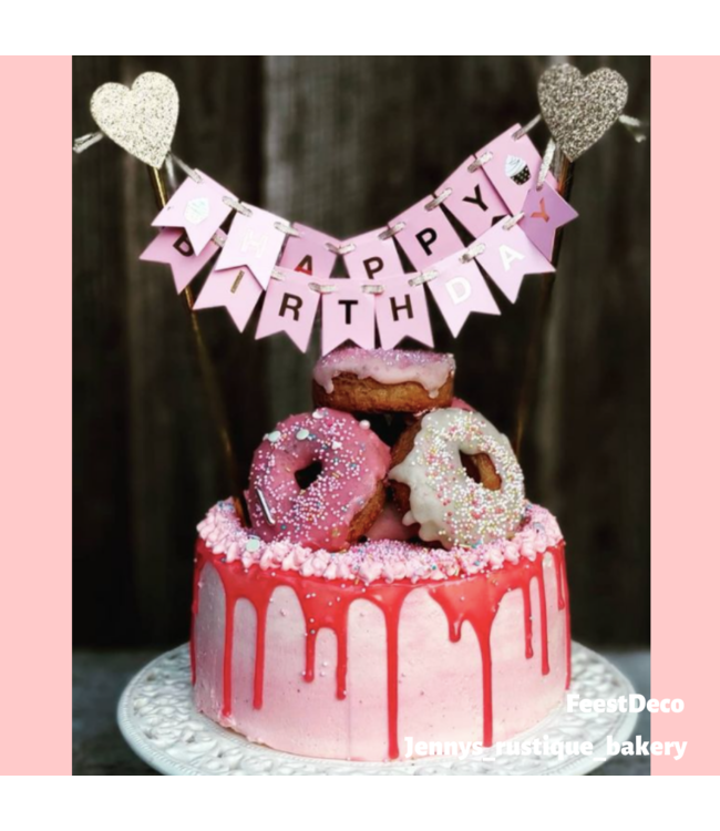 Taarttopper Happy Birthday vlaggenlijn | Roze & goud | 25cm