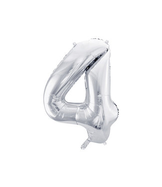 PartyDeco Cijferballon 4 zilver - 86 cm