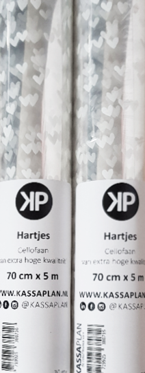 Cadeaupapier cellofaan + witte hartjes