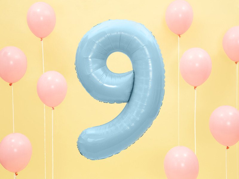 Foliecijfer 9 lichtblauw pastel - 86 cm