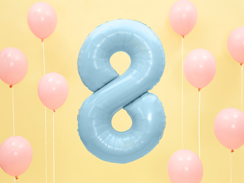 Foliecijfer 8 lichtblauw pastel - 86 cm