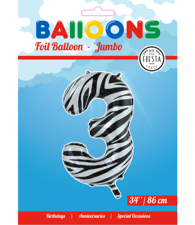 OUTLET Cijferballon 3 Zebra - 86 cm