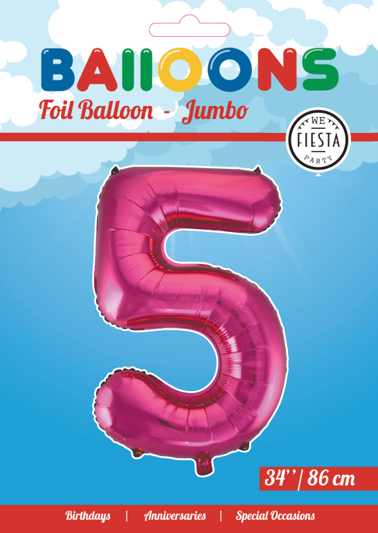 Cijferballon 5 fuchsia / roze - 86 cm