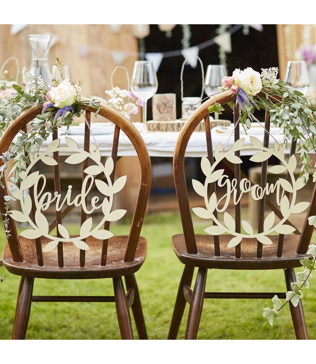 OUTLET Houten Bride & Groom stoeldecoratie