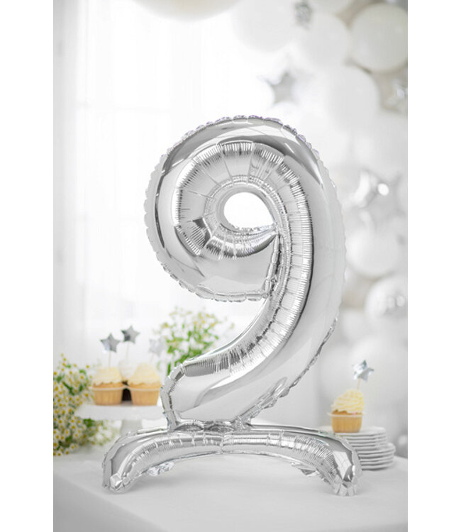 OUTLET Cijferballon 9 - zilver - staand - 70cm