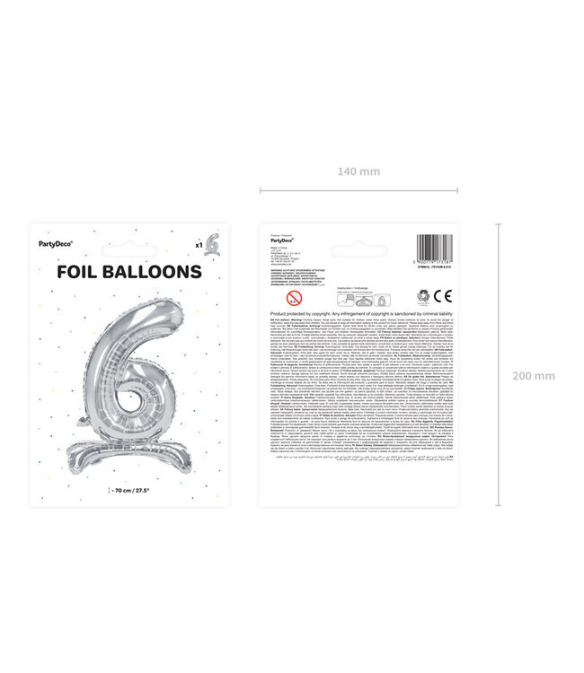OUTLET Cijferballon 6 - zilver - staand - 70cm