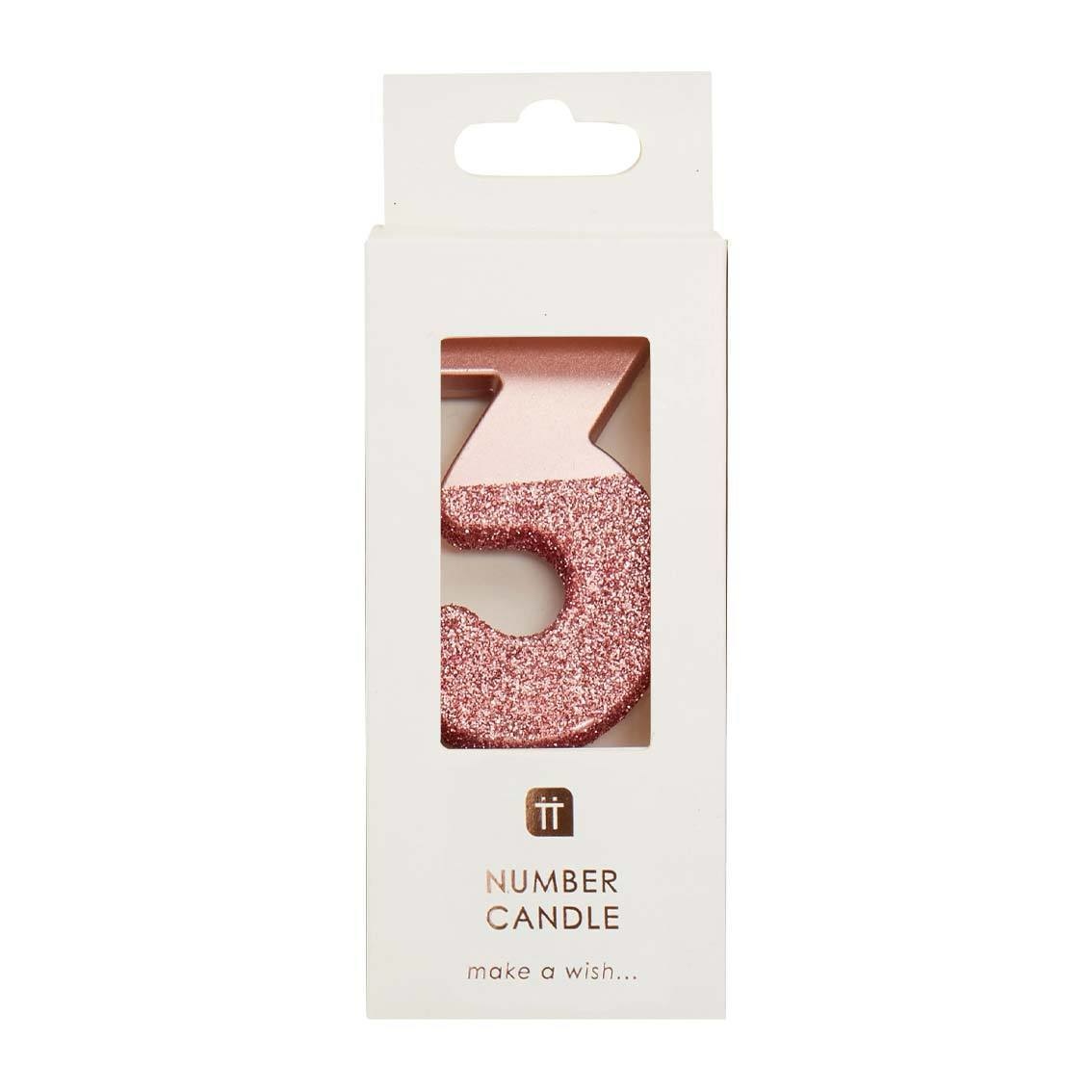 Kaarsje 3 - rosegoud glitter