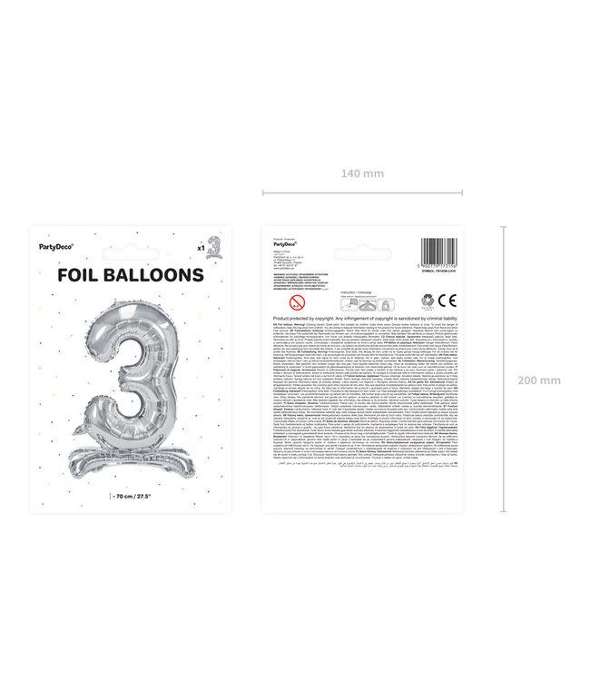 OUTLET Cijferballon 3 - zilver - staand - 70cm