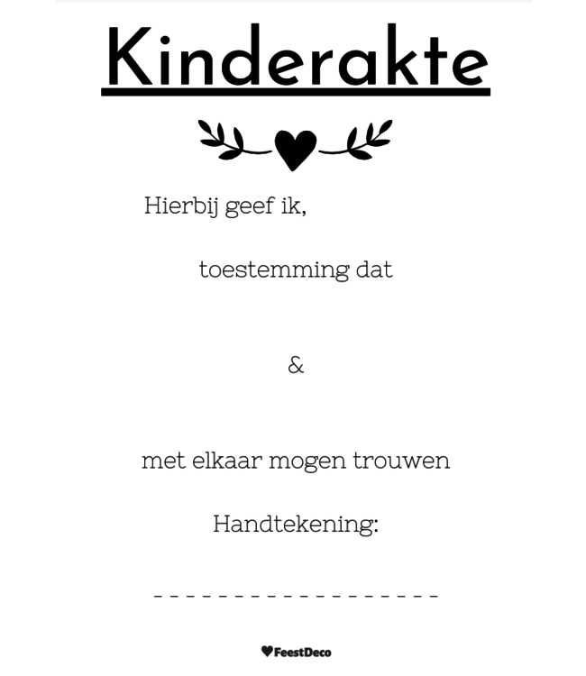 Feestdeco Kinderakte bruiloft | Hartje wit | A4 formaat