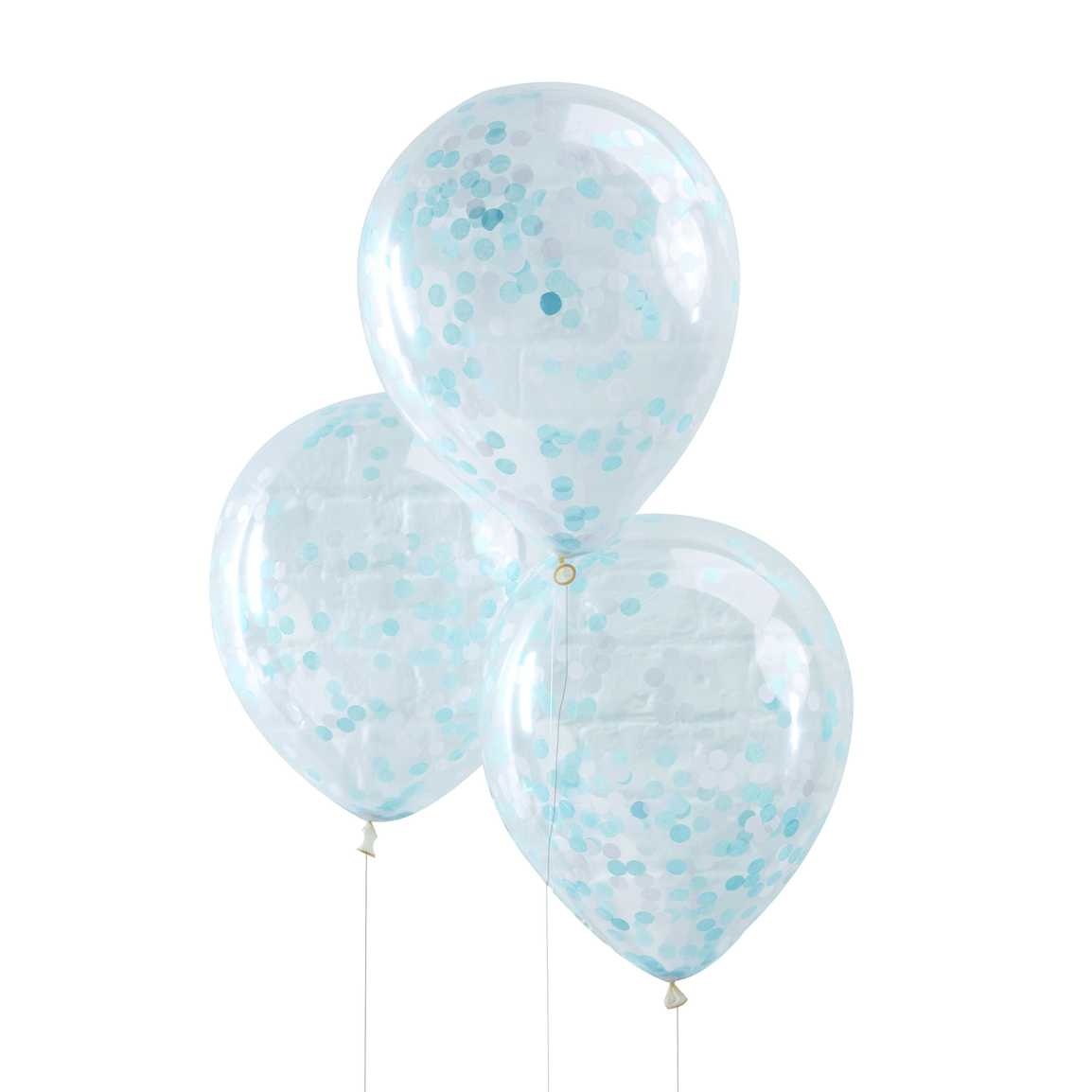 5 ballonnen met blauwe confetti