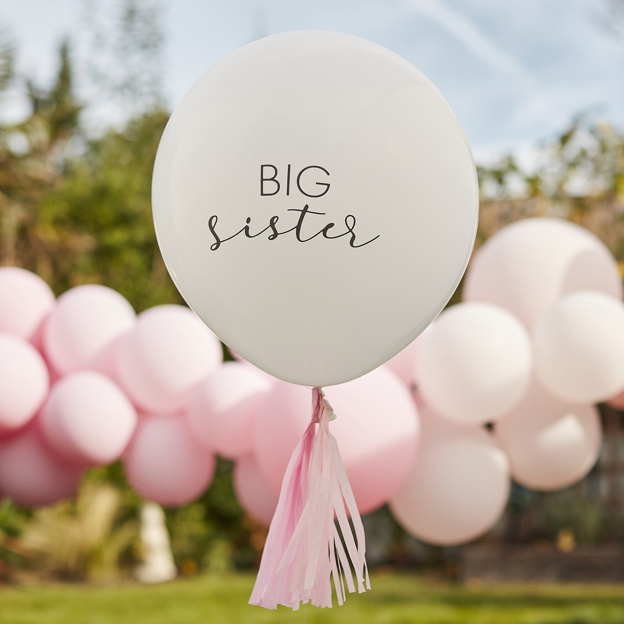 Big sister reuzeballon met tassels | roze-wit