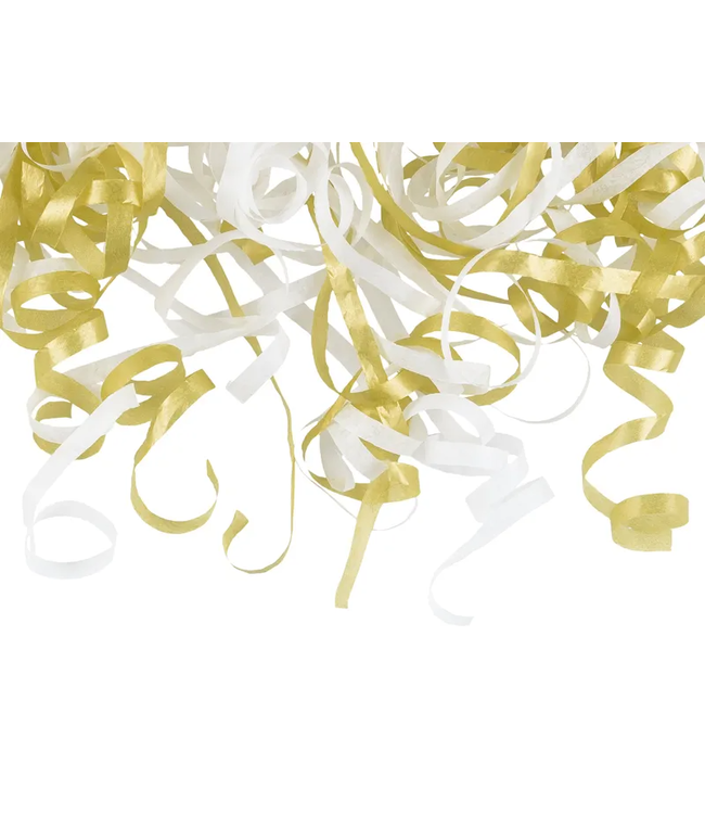 Confettikanon Streamers handmatig - afbreekbaar wit & goud