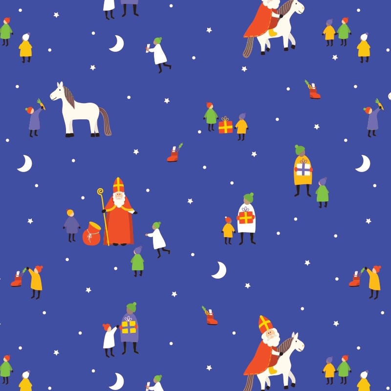Cadeaupapier Sinterklaas 'Sint te paard' blauw