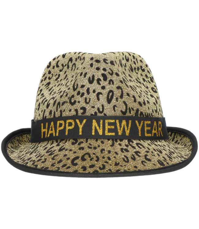 Folat Trilby hoed 'Happy New Year' - goudkleurige panterprint - Ø 59 cm
