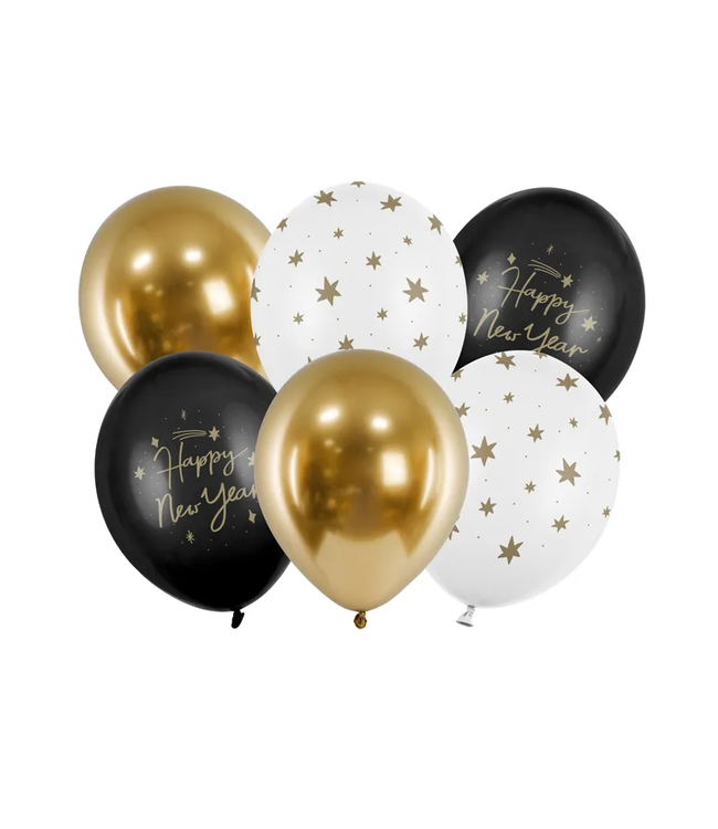 Ballonnen Happy New Year mix - zwart/wit/goud - 6 stuks