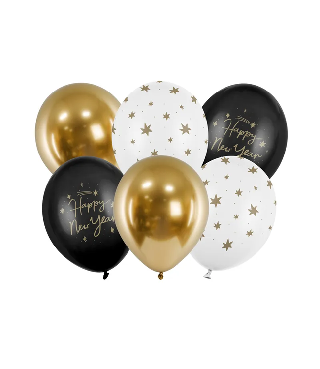 PartyDeco Ballonnen Happy New Year mix - zwart/wit/goud - 6 stuks