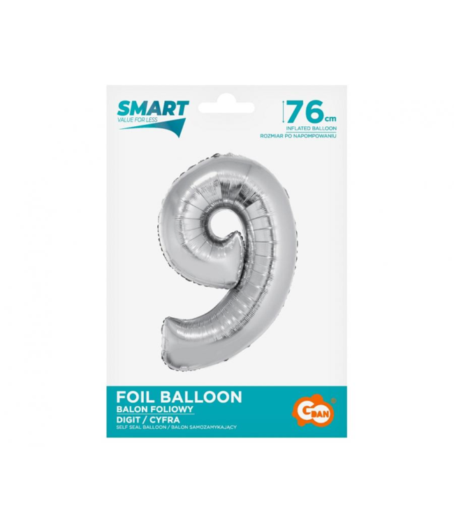 OUTLET Cijferballon 9 - zilver - 76 cm