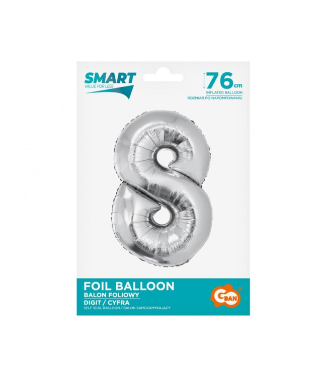OUTLET Cijferballon 8 - zilver - 76 cm