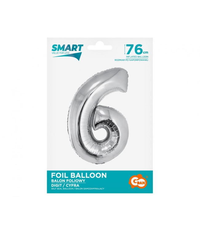 OUTLET Cijferballon 6 - zilver - 76 cm