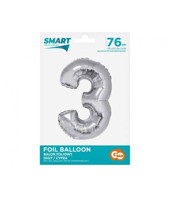 OUTLET Cijferballon 3 - zilver - 76 cm