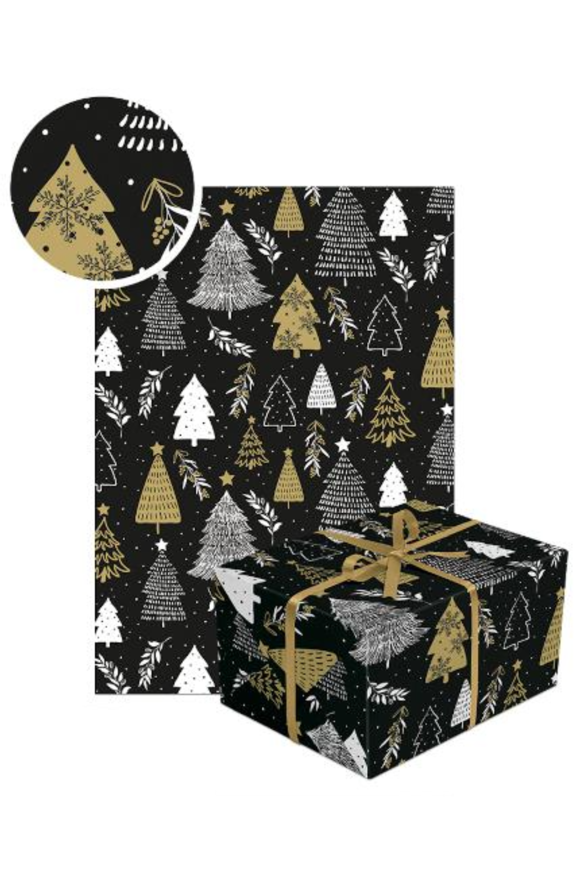 Cadeaupapier kerstbomen zwart-goud | 70 x 200cm