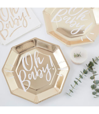 Ginger Ray OUTLET Papieren bordjes - Oh Baby - Goud/Wit