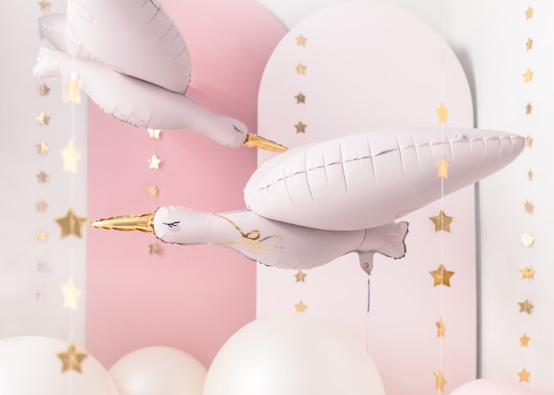 Folieballon ooievaar lichtroze XL| 103x60 cm