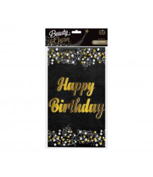 Tafelkleed Happy Birthday | zwart - goud - wit | 137 x 183 cm