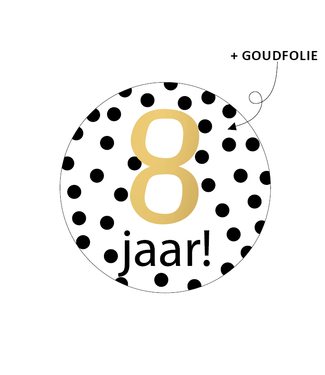 KP Stickers 8 jaar! | zakje 20 stuks | zwart - goud - wit