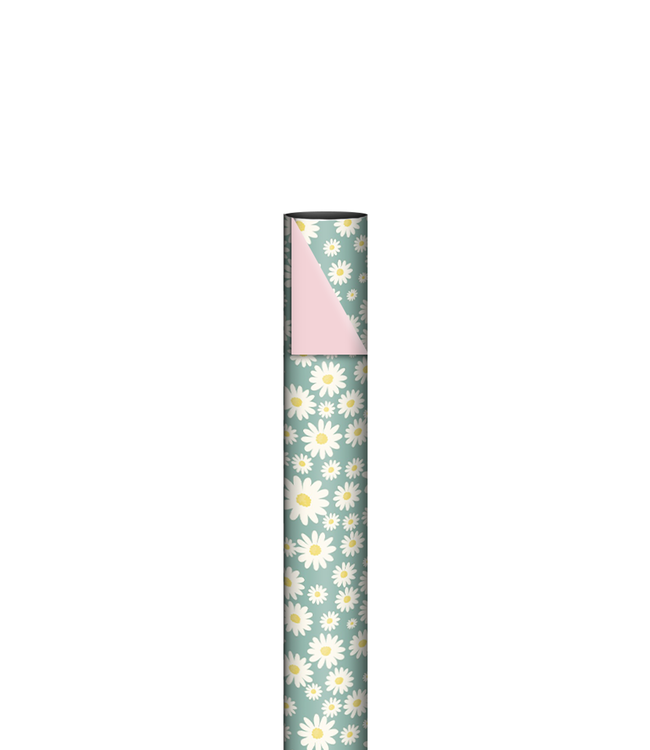 KP Cadeaupapier daisy mint / pink | dubbelzijdig | 70 cm x 2 m