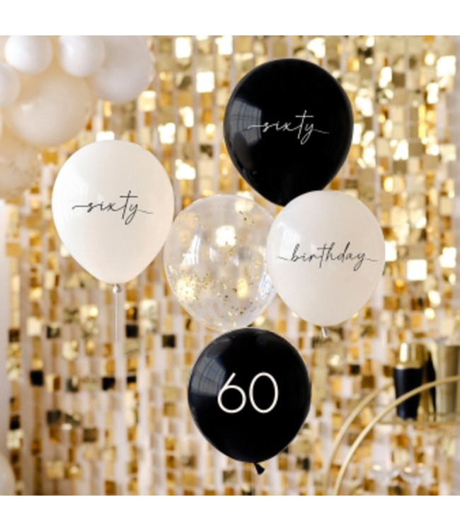 Ballonnen 60 birthday | Chique zwart/wit | 5 stuks
