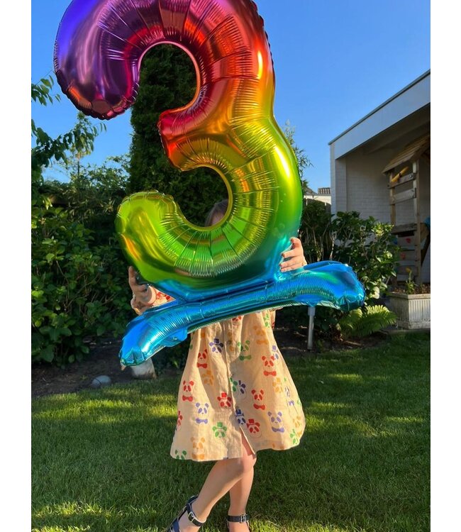 Regenboog cijferballon 3 - 74 cm