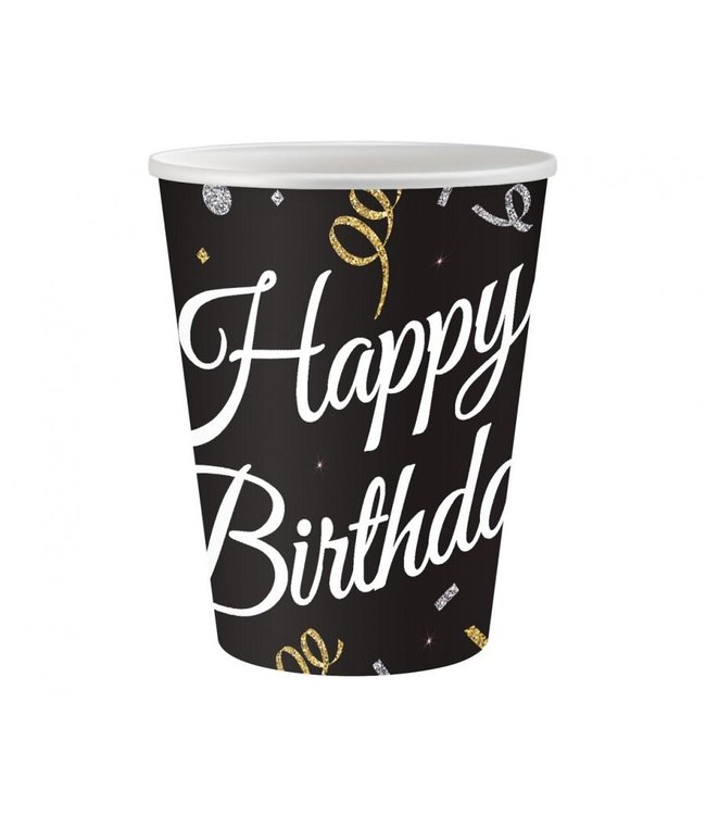 Papieren bekers | Happy Birthday | Zwart, goud, zilver | 250mL | 6 stuks