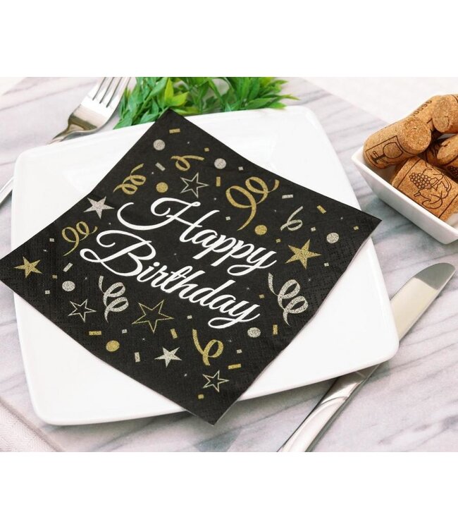 Servetten Happy Birthday | Zwart, goud, zilver | 20 stuks
