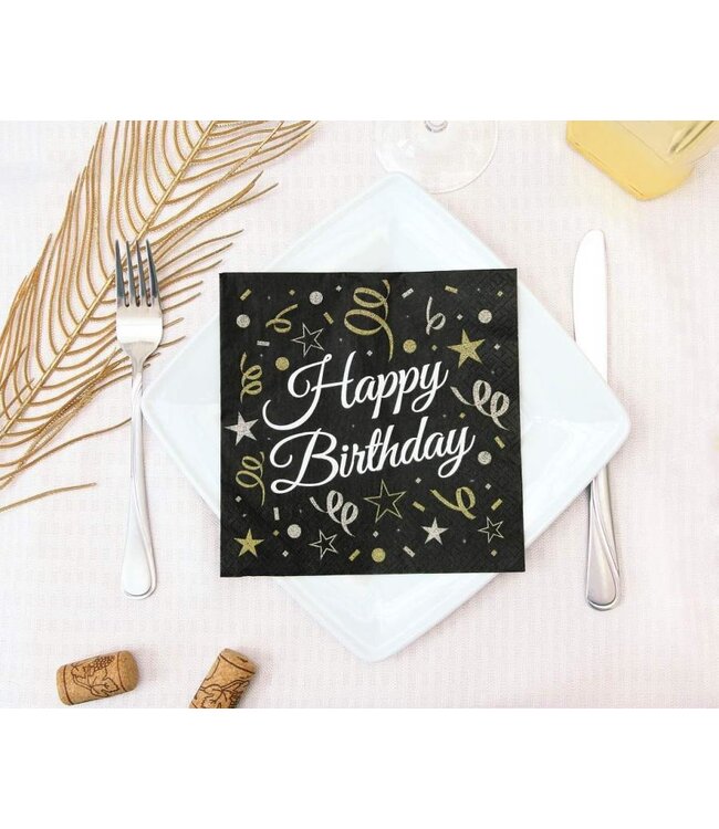 Servetten Happy Birthday | Zwart, goud, zilver | 20 stuks