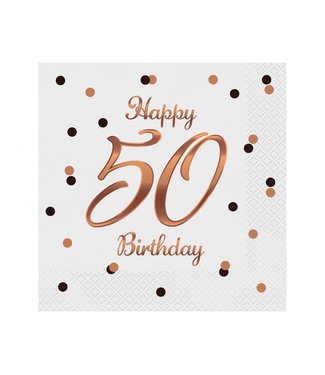 GoDan Servetten | Happy 50th Birthday | Wit, Rosegoud | 20 stuks