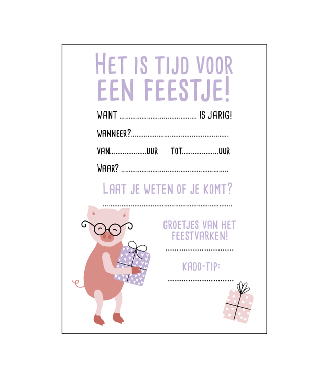 Uitnodiging biggetje | 5 kaarten